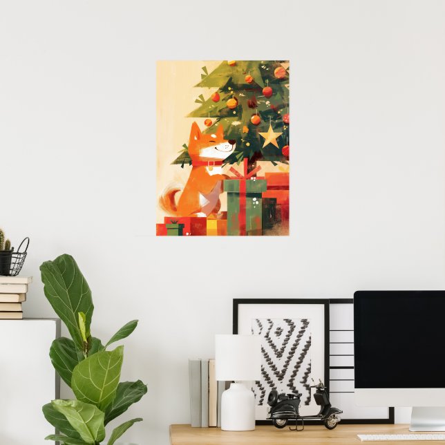 Poster Happy Shiba Inu beside Christmas Tree and Gifts (Escritório em casa)