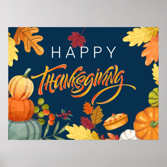 Poster Happy Thanksgiving Pumpkins, Berries and Leaves  (Frente)