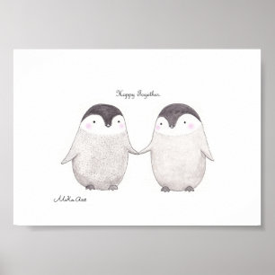 Poster Happy Together Cute Penguin Couple Minimalist
