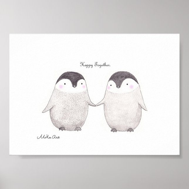 Poster Happy Together Cute Penguin Couple Minimalist (Frente)