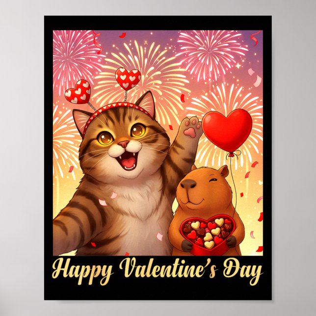 Poster Happy Valentines 2026 Cute Cat Capybara Party Art  (Frente)