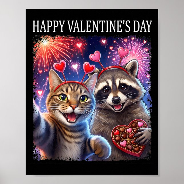 Poster Happy Valentines 2026 Cute Cat Raccoon Party Art  (Frente)