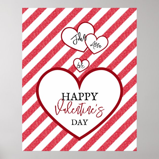 Poster Happy Valentine's Day Red Hearts Chalk Stripes (Frente)