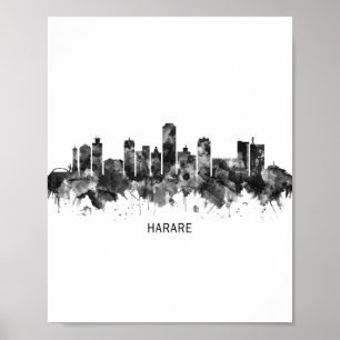 Poster Harare Zimbábue Skyline BW
