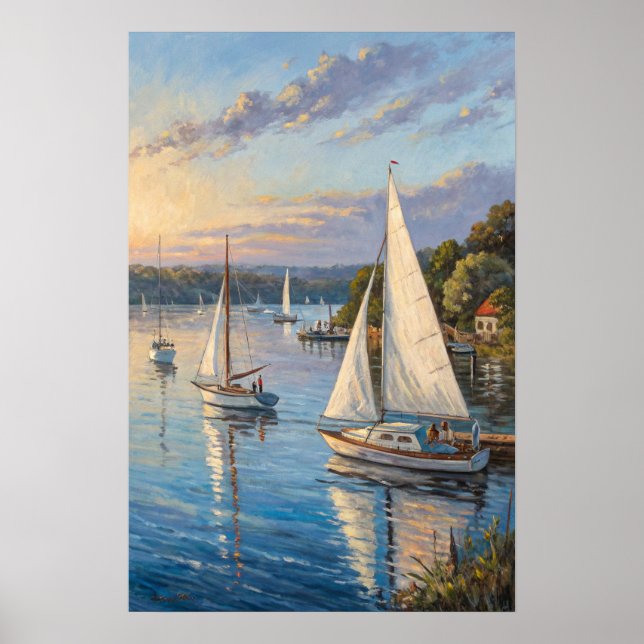 Poster  Harbor Sailboats Sunset Print | Marina Golden. (Frente)