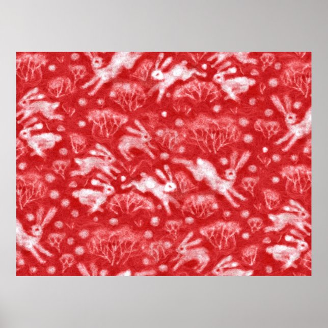 Poster Hares Snow Field White Rabbits Winter Animals Red  (Frente)