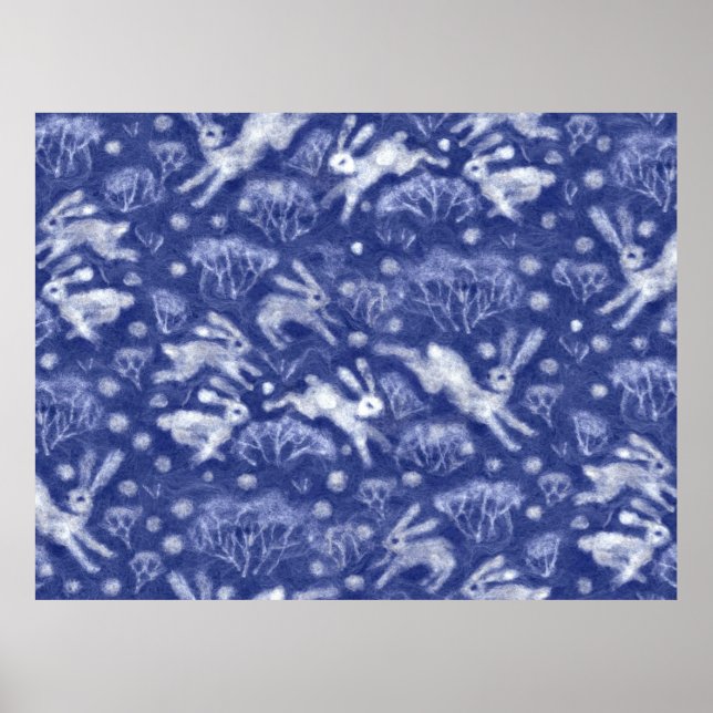 Poster Hares Snow Field White Rabits Inverno Animal Azul (Frente)