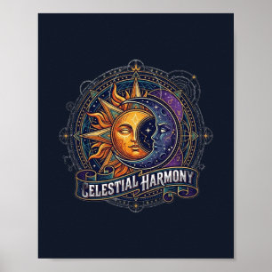 Poster Harmonia Celestial Bússola Sol Lua Arte