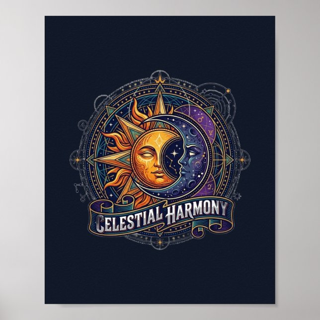 Poster Harmonia Celestial Bússola Sol Lua Arte (Frente)