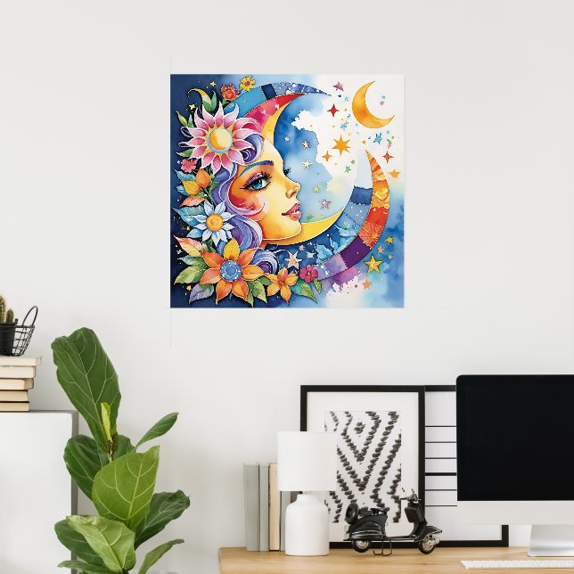 Poster Harmonia Celestial: Sol Moon-Face e Praça Floral (Escritório em casa)