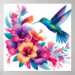 Poster Harmonia Floral: Elegância de Hummingbird
