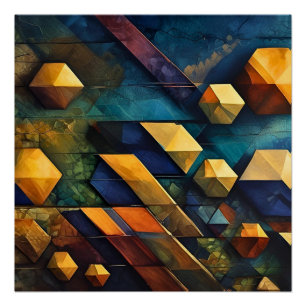 Pôster Harmonia Geométrica: Cubos Abstratos em Dourado e 