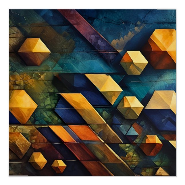 Pôster Harmonia Geométrica: Cubos Abstratos em Dourado e  (Frente)