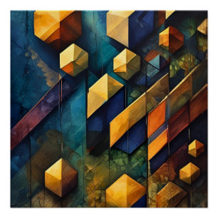 Pôster Harmonia Geométrica: Cubos Abstratos em Dourado e