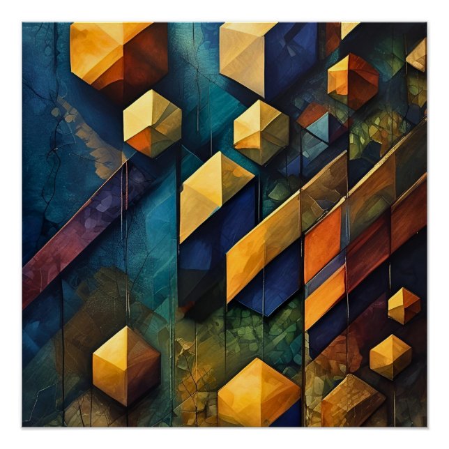 Pôster Harmonia Geométrica: Cubos Abstratos em Dourado e  (Frente)