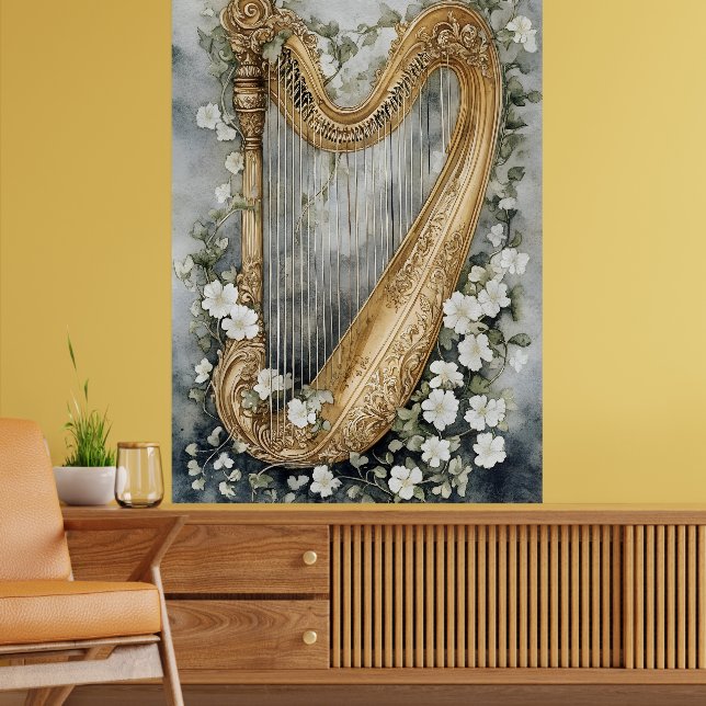 Poster harpa ornamental rodeada por flores brancas (Sala de Estar 2)