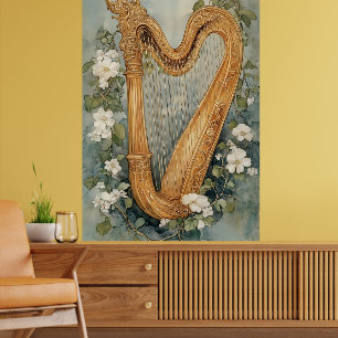Poster harpa ornamental rodeada por flores brancas
