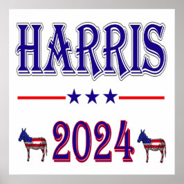 Poster Harris 2024 Pres Democrat Donkeys USA Flag