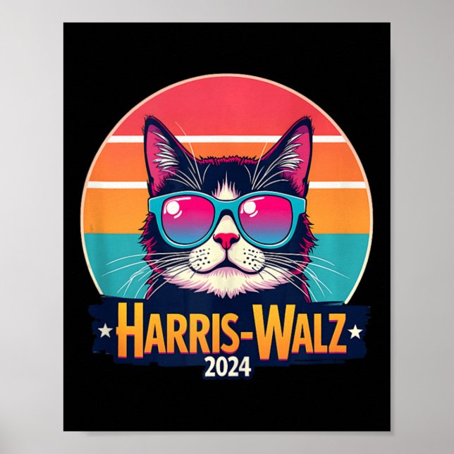 Poster Harris Walz 2024 Cat Sunglass Retro Vintage (Frente)