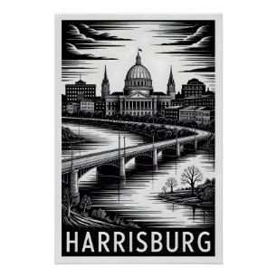 Pôster Harrisburg Pensilvânia Silhueta Preto Branco Xilog