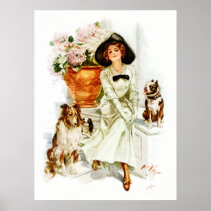 Pôster Harrison Fisher: Mulher com três cães