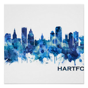 Pôster Hartford Connecticut Skyline Blue