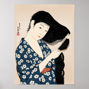 Poster Hashiguchi Goyo - mulher no azul que penteia seu