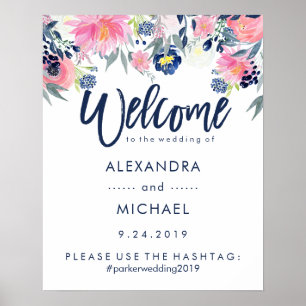 Poster Hashtag bem-vindo Wedding   cora e marinho floral