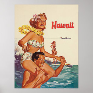 Poster Havaí, casal surfando feliz, viagens vintage