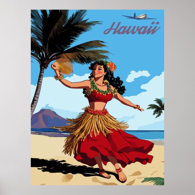 Poster Havaí, dançando Hula Girl na praia, Viagem (Frente)