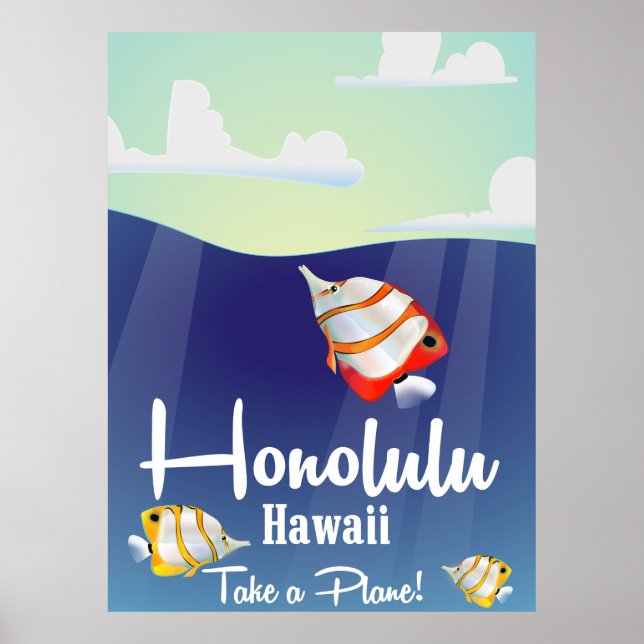 Pôster Havaí, honolulu Cartaz de viagem de desenho animad (Frente)