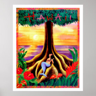 Poster Havaí, ilha tropica, sereia sob a árvore grande