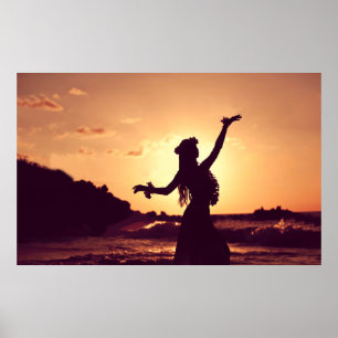 Poster Havaí, silhueta menina Hula no pôr do sol, foto