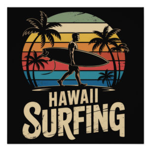 Pôster Havaí Surf Retro - Surfista Vintage Praia do Pôr d