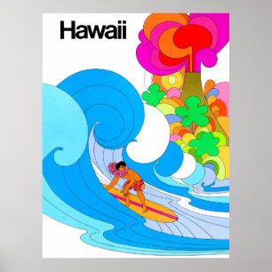 Poster Havaí, surfando em grande onda, ilustração dos 