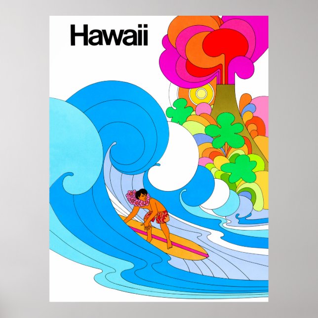 Poster Havaí, surfando em grande onda, ilustração dos ano (Frente)