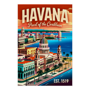 Pôster Havana Antiga Cuba Pérola do Caribe Retro