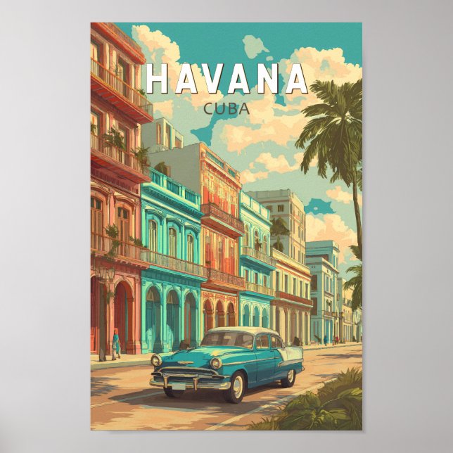 Poster Havana Cuba Illustração Viagem Art Vintage (Frente)