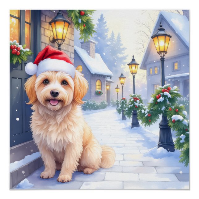 Pôster Havanese Snowy Village Walk Santa Hat Christmas (Frente)