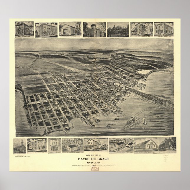 Pôster Havre de Grace Maryland 1907 Mapa Panorâmico Antiq (Frente)