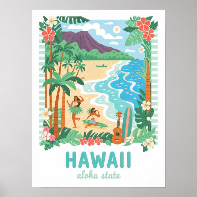 Poster Hawaii Aloha State USA Summer Viagem (Frente)