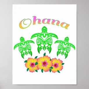Poster Hawaiian Ohana das tartarugas de mar verde