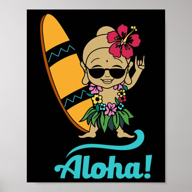Poster Hawaiian Surfing Buddha Aloha Hawaii Beach Yoga  (Frente)