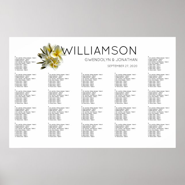 Pôster Hawaiian Yellow Plumeria Seating Chart (Frente)