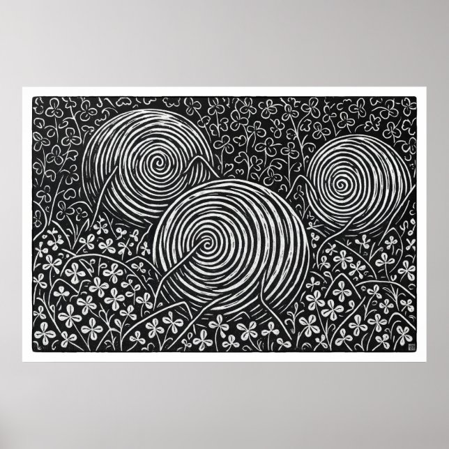 Poster Hay Bales And Clover Large Linocut Print (Frente)