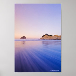 Poster Haystack Rock At Dawn Blurred Blue Purple Waves