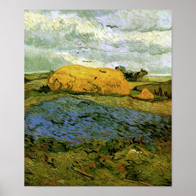 Pôster Haystacks sob uma Rainy Sky Van Gogh Fine Art (Frente)