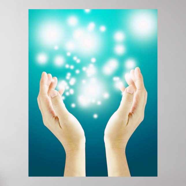 Poster Healing hands on green background chakra healer (Frente)