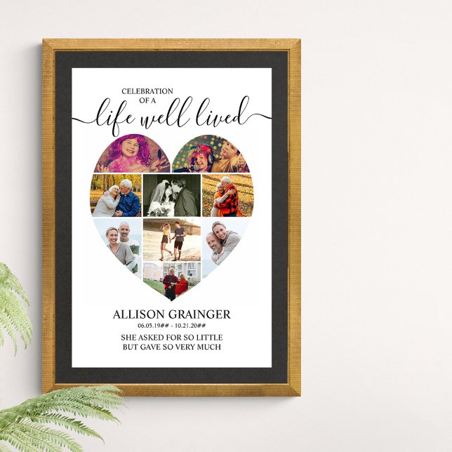 Poster Heart 9 Photo Collage Life Good Livered Funeral (Funeral memorial poster to order professionally printed or as a printable digital download)