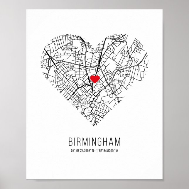 Poster Heart Birmingham City Map (Reino Unido) (Frente)